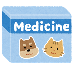 犬と猫の顔が描かれた薬箱のイラスト。Medicineという文字が書かれている。